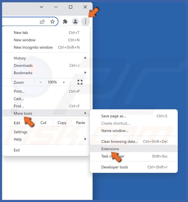 Select More tools and click Extensions