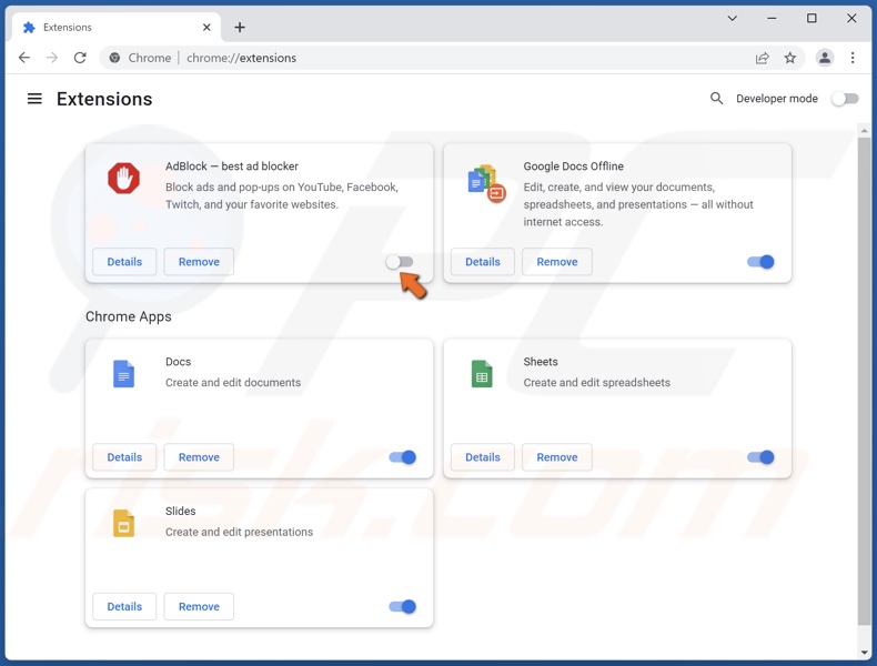 Toogle the slider to disable an extenion