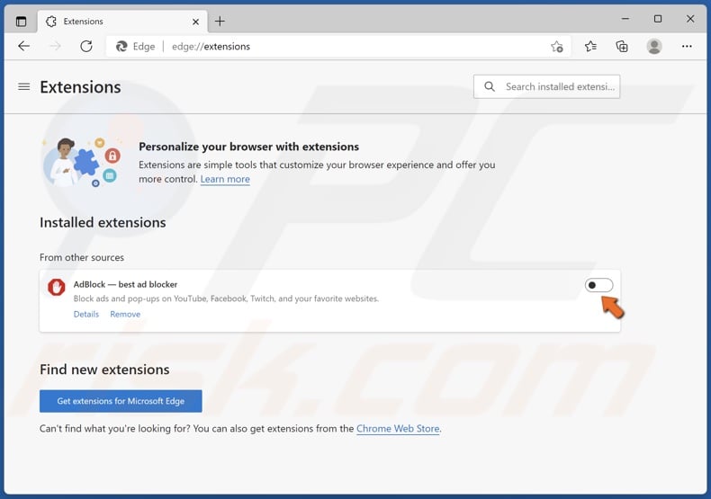 Toggle the slider to disable an extension