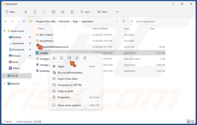 Right-click the Edge executable and click Rename