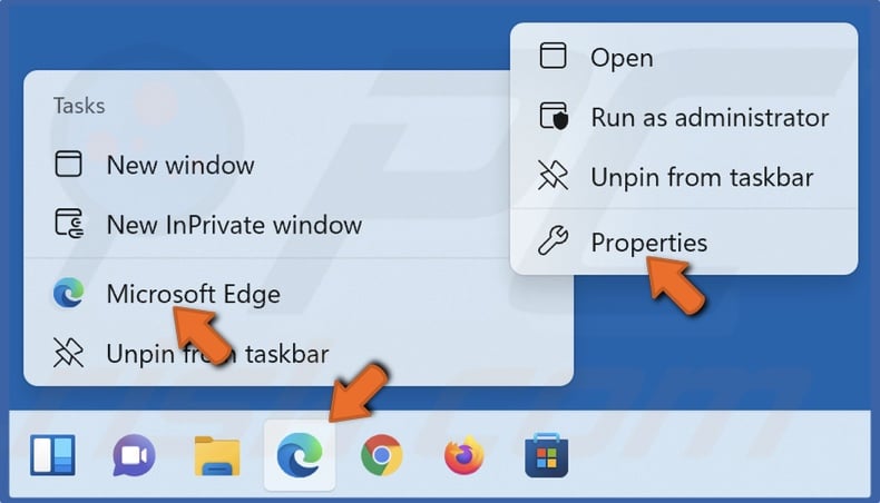 Right-click the Edge shortcut and click Properties