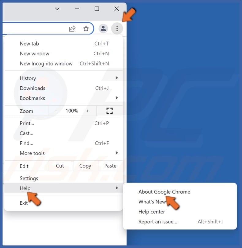 Select Help and click About Google Chrome