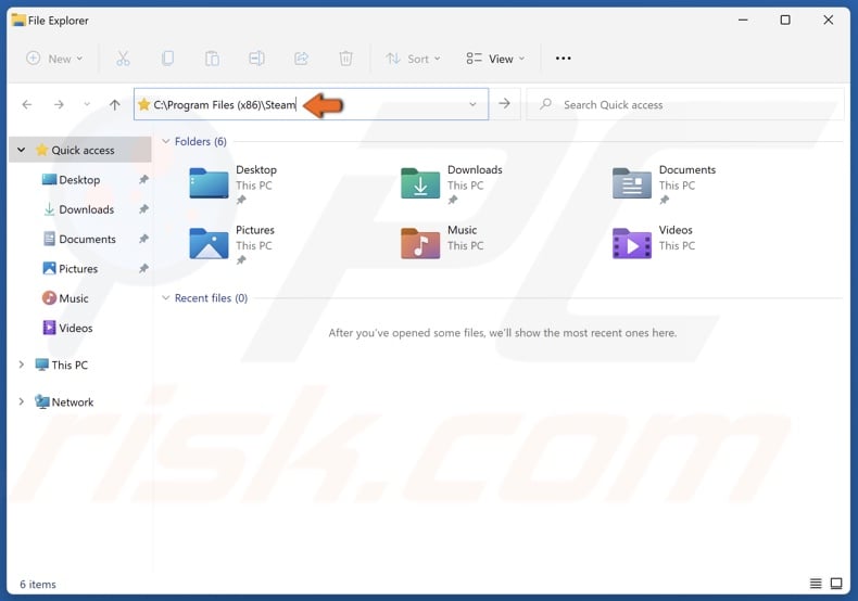 In the File Explorer address bar type in C:Program Files (x86)Steam and press Enter
