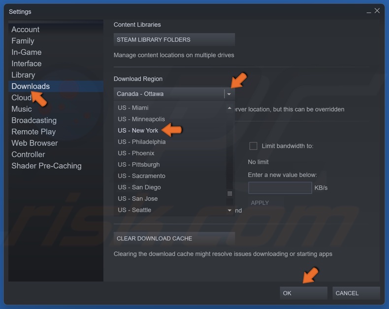 select the Downloads tab and select a different download region and click OK