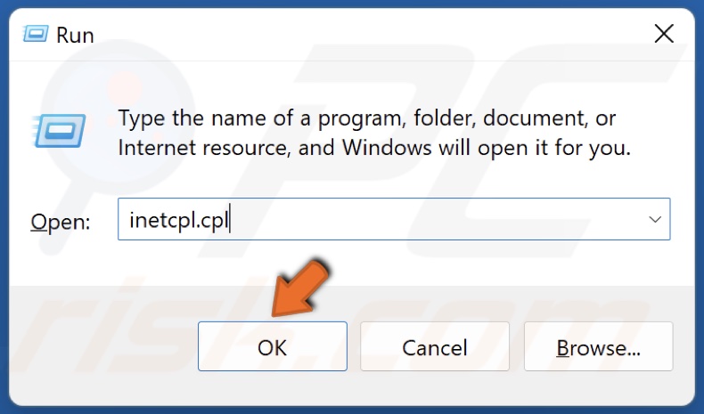 Type in inetcpl.cpl in Run and click OK