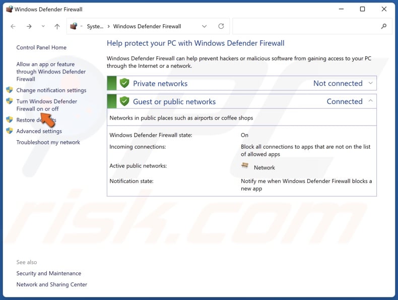Select Turn Windows Defender Firewall on or off