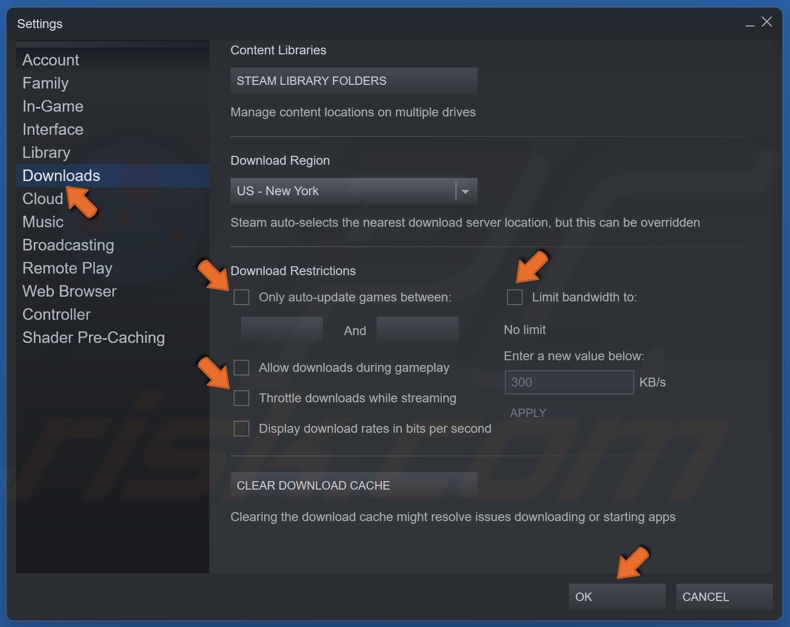 Uncheck bandwidrth limit, game auto-update restrictions, and throttling while streaming and click OK