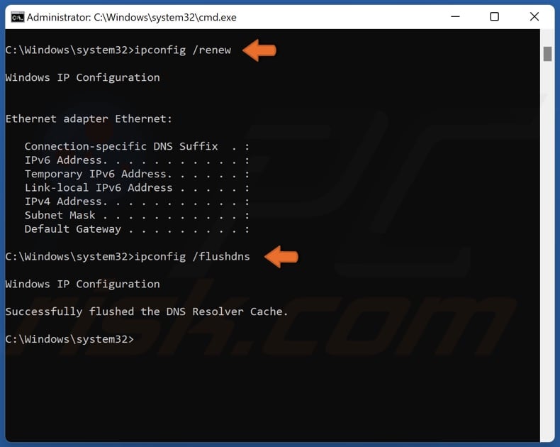 Run ipconfig /renew and ipconfig /flushdns commands