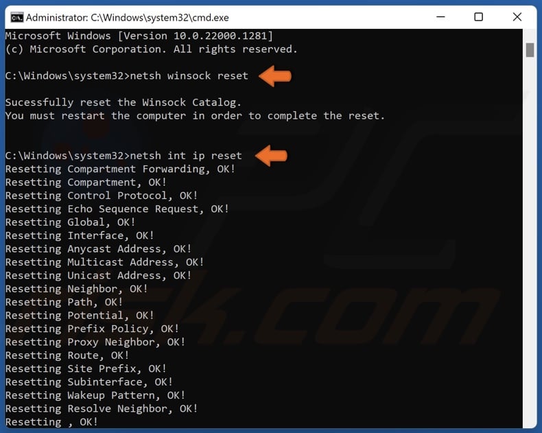 Run netsh winsock reset and netsh int ip reset commands