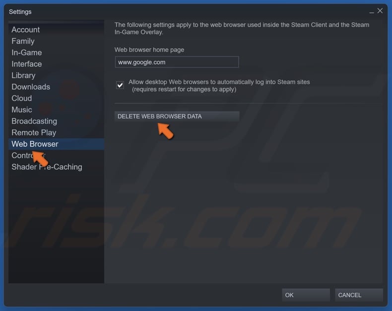 Select Web Browser and click Delete Web Browser Data