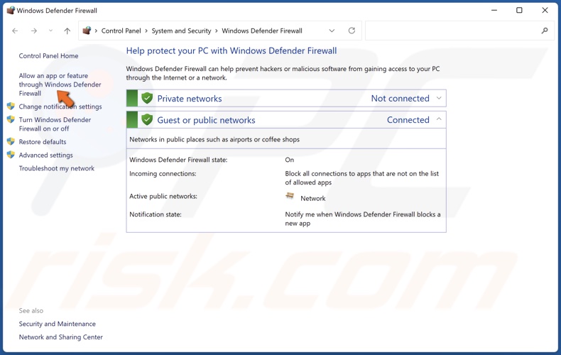 Click Allow an app or feature through Windows Defender Firewall