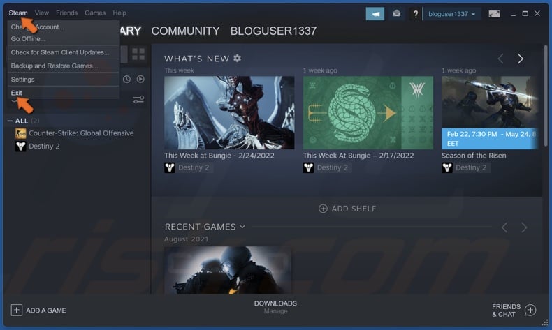 Open the Steam menu and click Exit