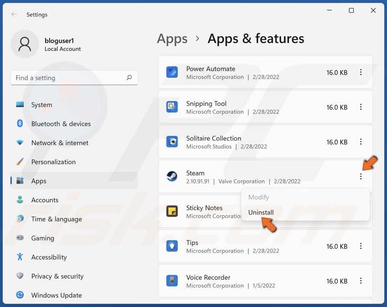 Select Steam and click Uninstall