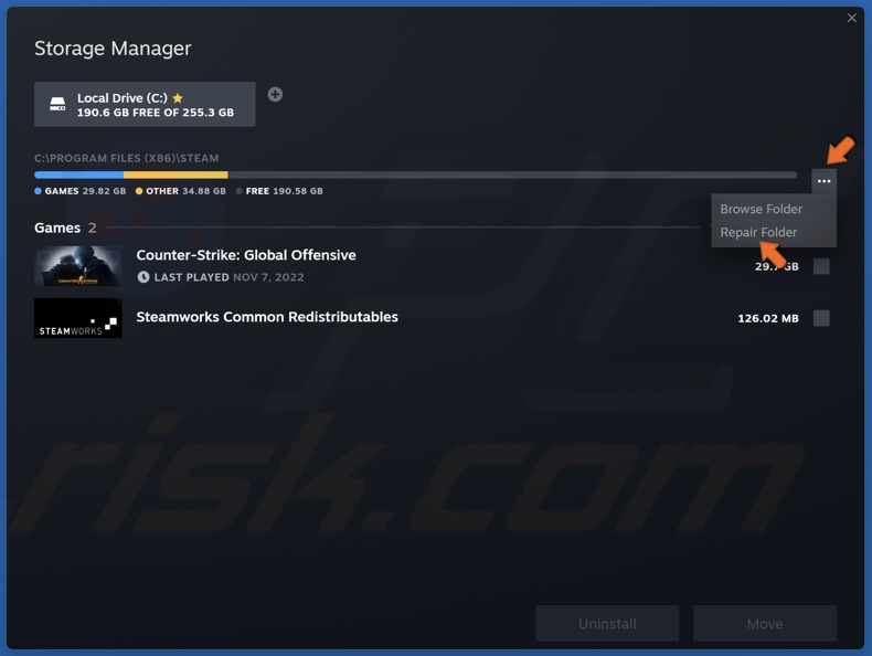 Click the ellipsis and click Repair Folder