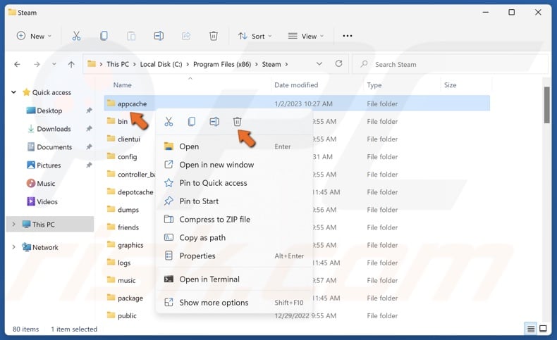Right-click the appcache folder and click Delete