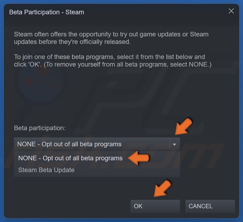 Select NONE - Opt out of all beta programs and click OK
