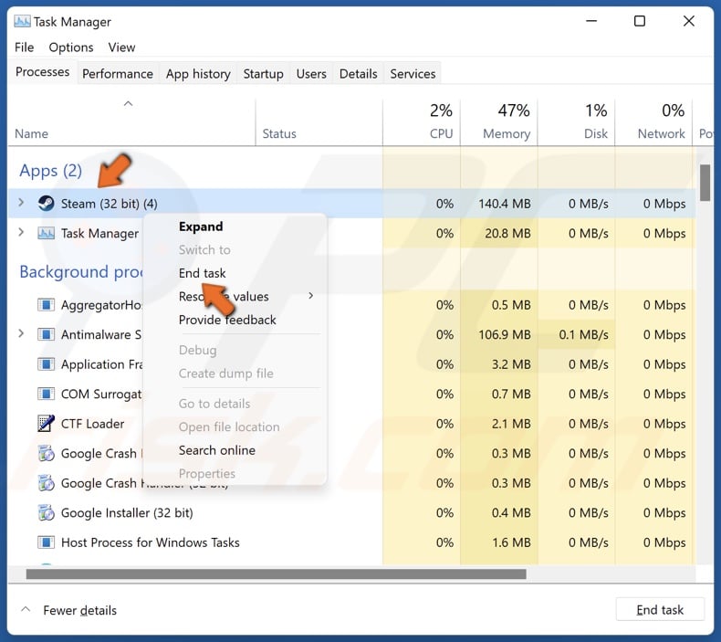 Right-click each Steam process and click End task