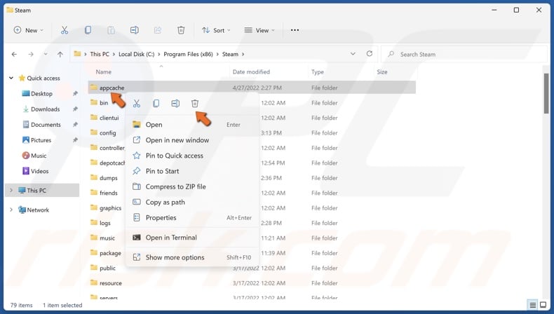 Right-click the Steam appcache folder and click Delete