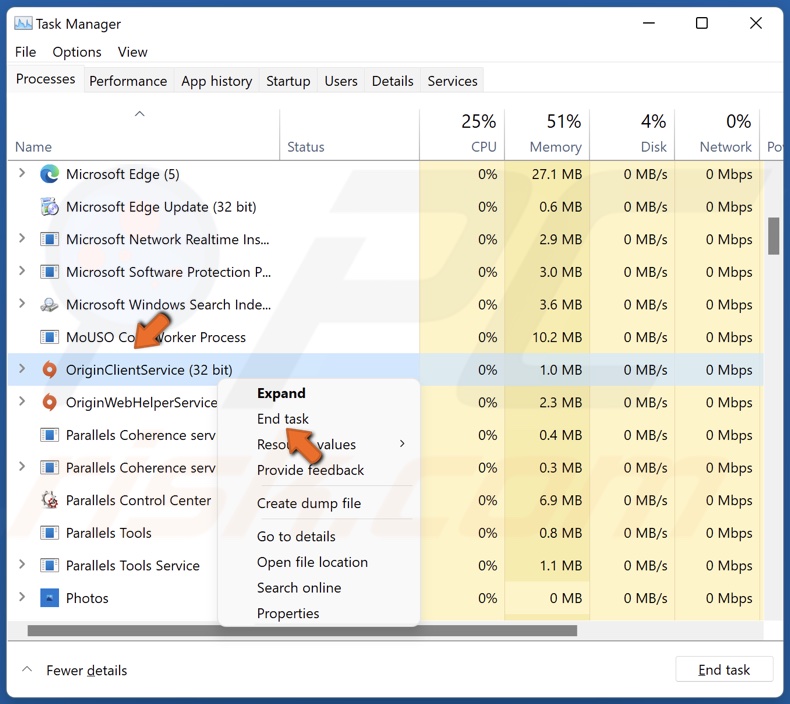 right-click each unnecessary process and click End task
