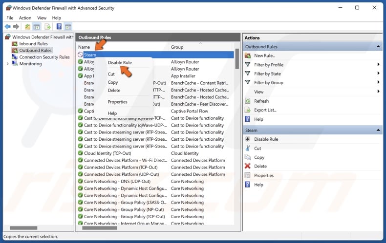 Right-click the rule and click Disable Rule
