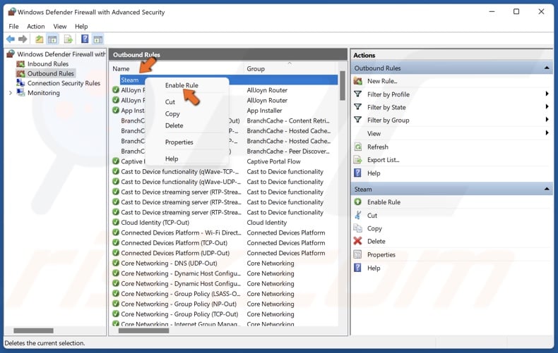 Right-click the rule and click Enable Rule