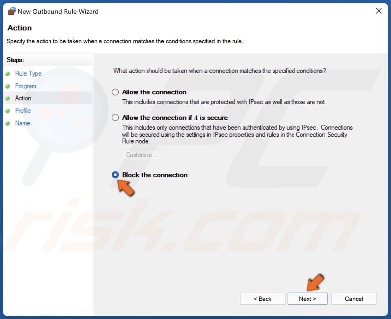 Select Block the connection and click Next