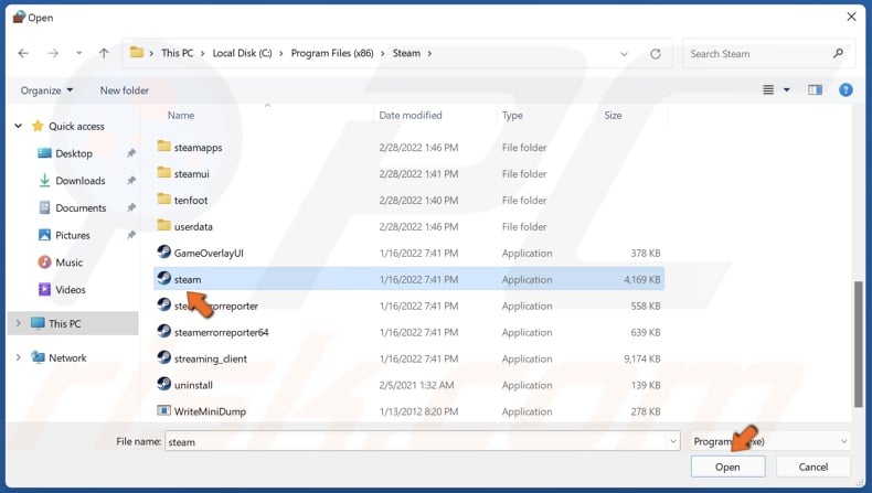 Select steam.exe and click Open