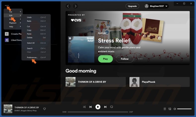 Open the three-dot menu in Spotify, select Edit and click Preferences