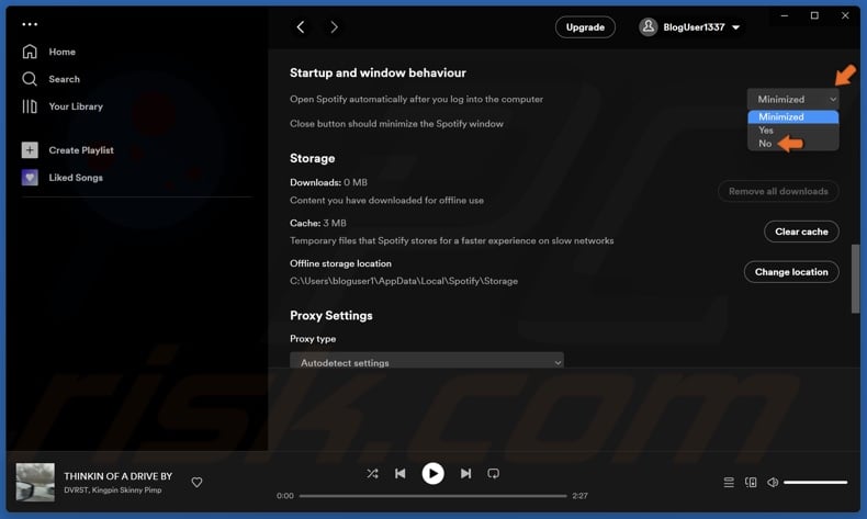 Open the drop-down menu next to Open Spotify automatically after you log into the computer and select No