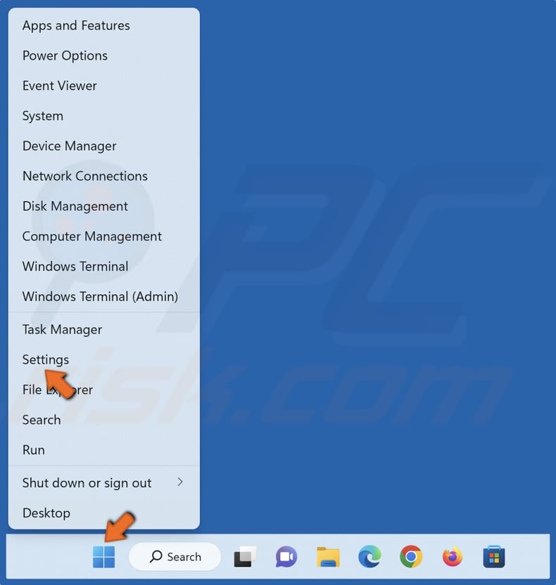 Right-click Start and click Settings