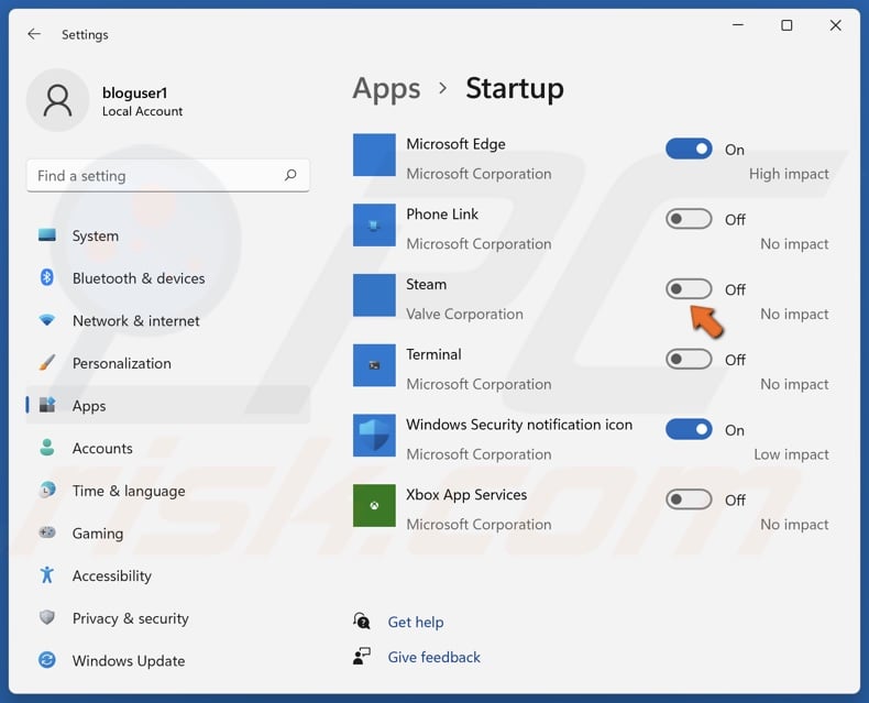 Toggle off Steam in Startup Apps