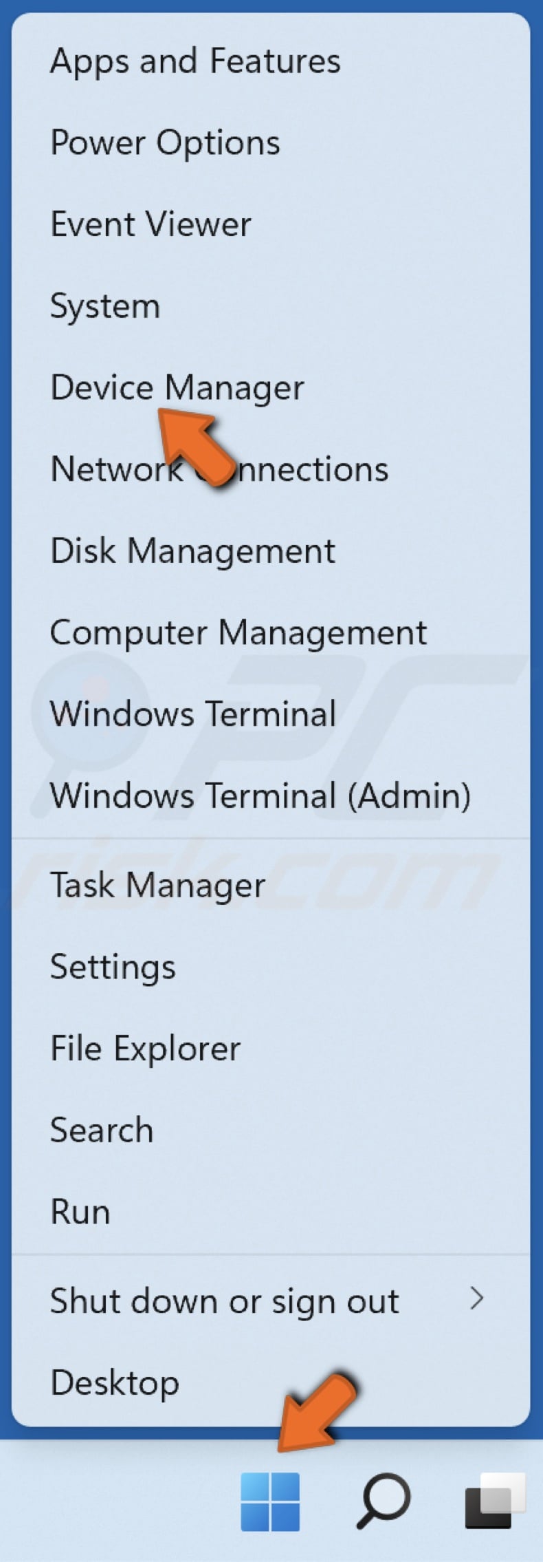 Right-click Start and select Device Manager