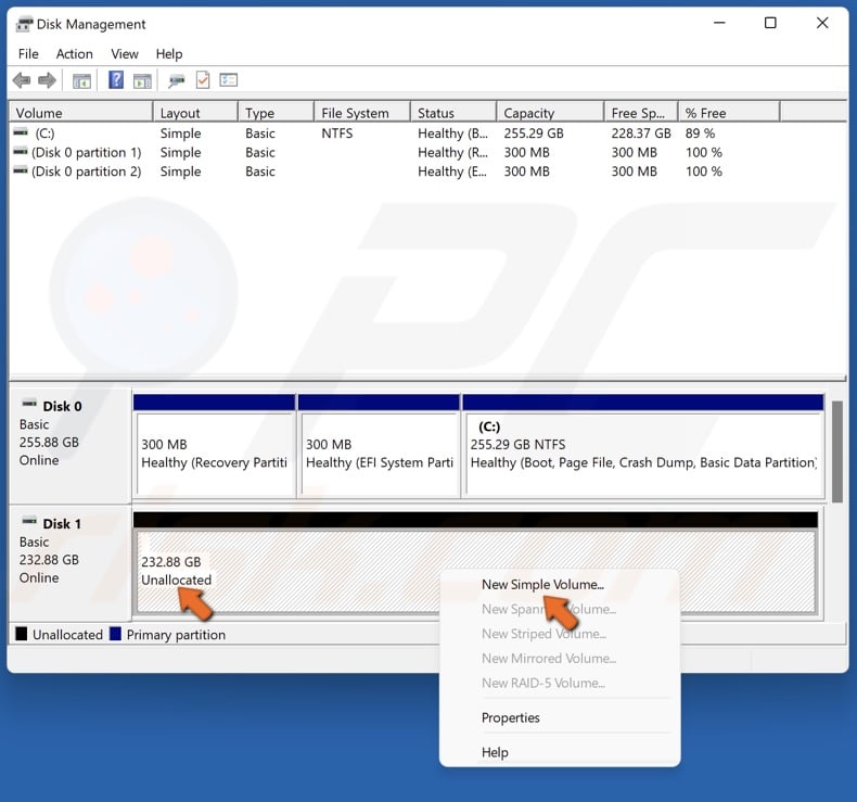 Right-click the drive with unallocated space and click New Simple Volume
