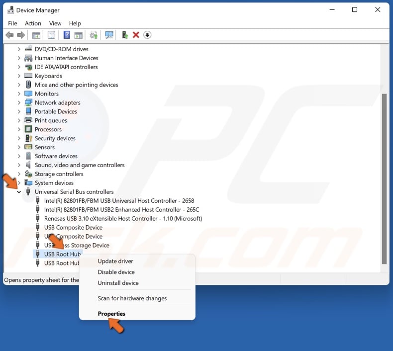 Right-click the USB Root Hub and click Properties