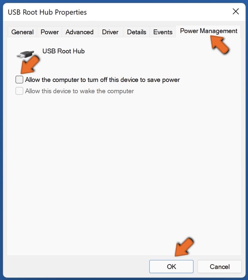 Disable the Allow the computer to turn off this device to save power option