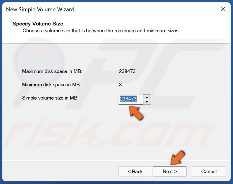 Select volume size and click Next