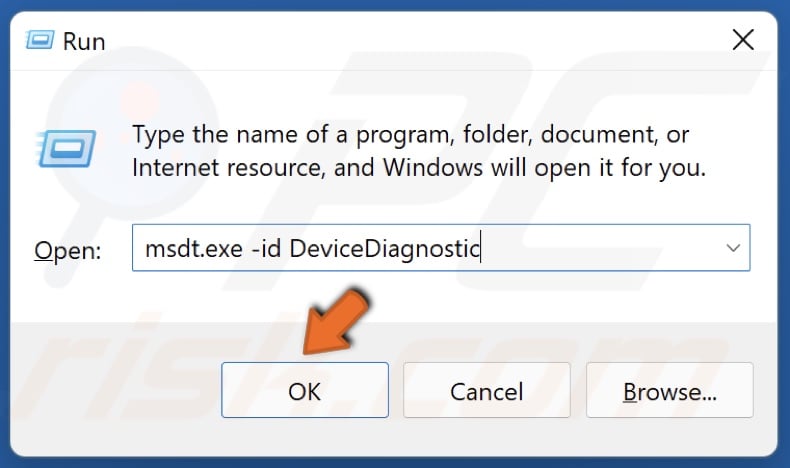 Type in msdt.exe -id DeviceDiagnostic and click OK
