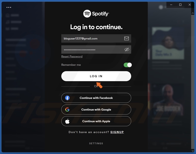 Type in your Spotify account user name and password and click Log In