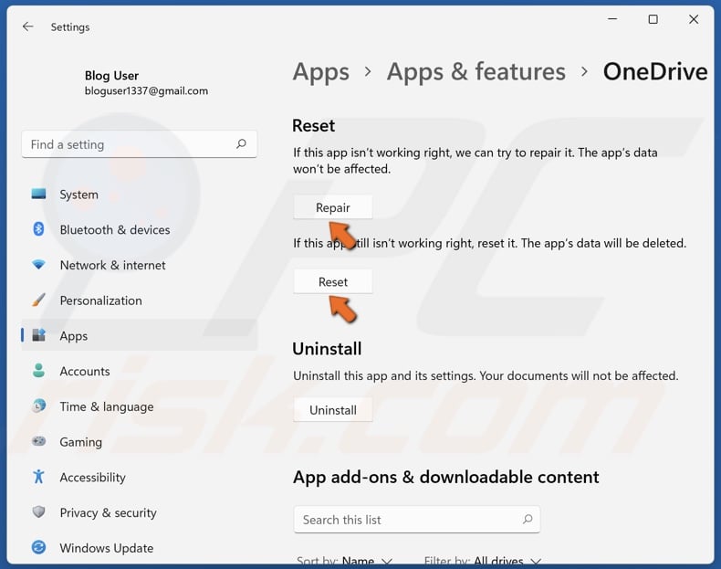 Scroll down and click Repair and then click Reset