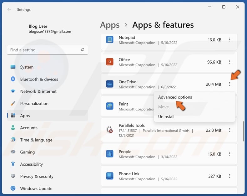 Select OneDrive and select Advanced options