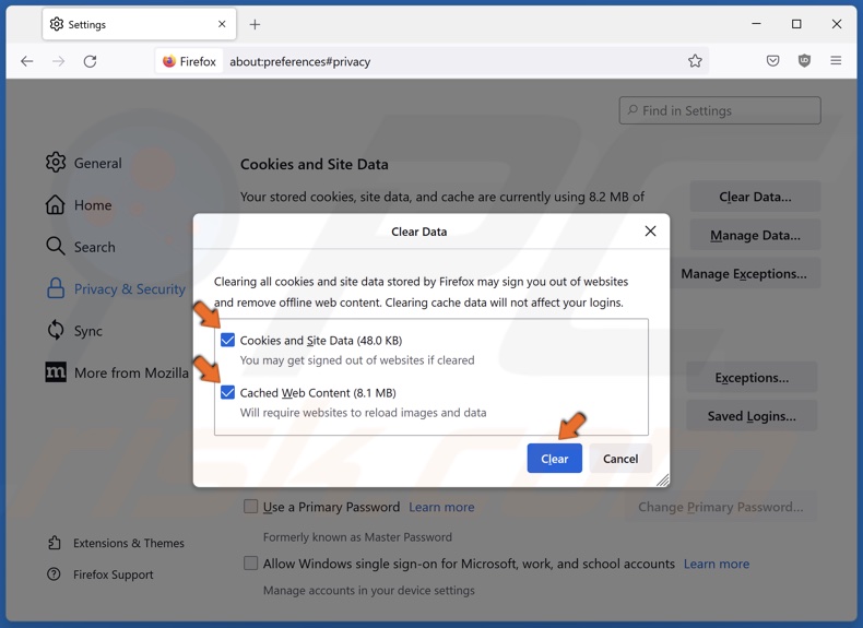 Mark Cookies and Site Data and Cached Web Content and click Clear