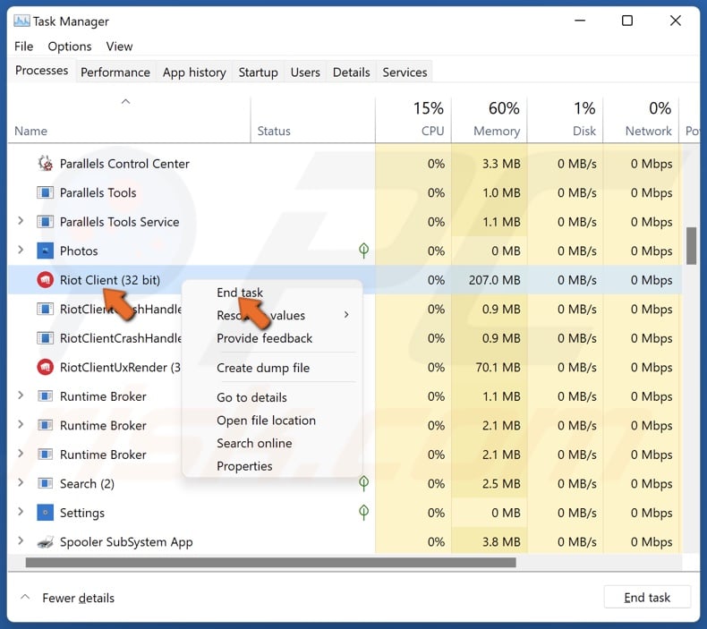 Right-click each Riot process and click End task