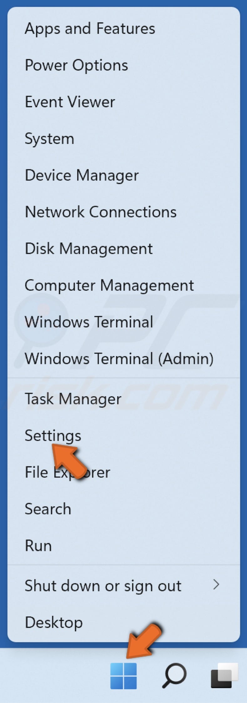 Right-click the Start button and click Settings