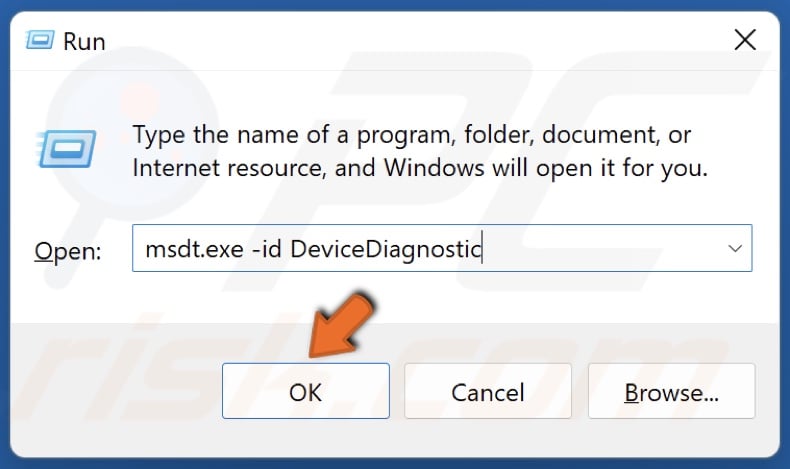 Type in msdt.exe -id DeviceDiagnostic in Run and click OK