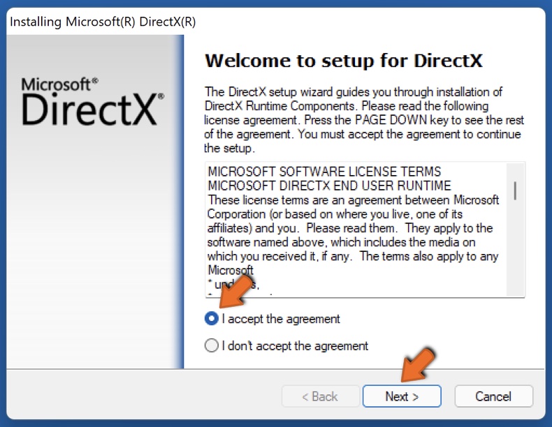 Accept the DirectX license agreement and click Next