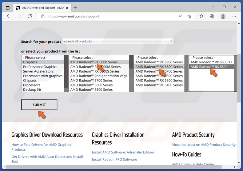 Select your AMD graphics card and click Submit