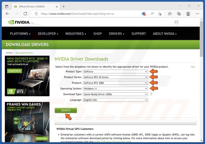 Select your Nvidia graphics card and click Search