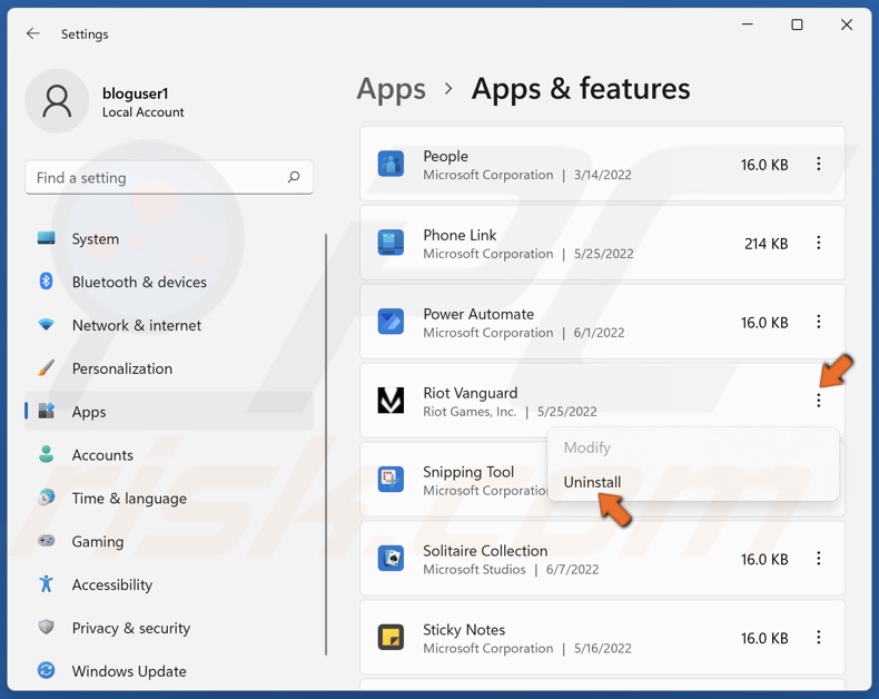 Select Riot Vanguard and click Uninstall