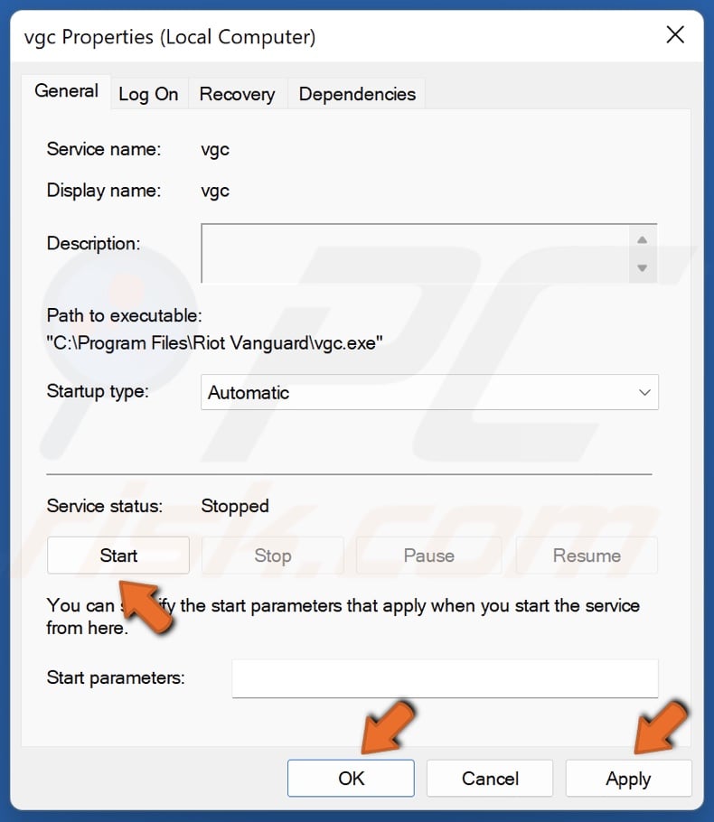 Click Start and click Apply and click OK