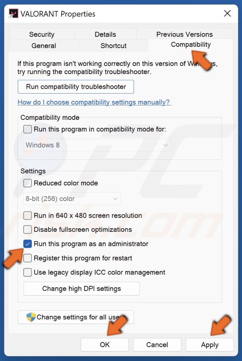 Mark Run this program as an administrator and click Apply